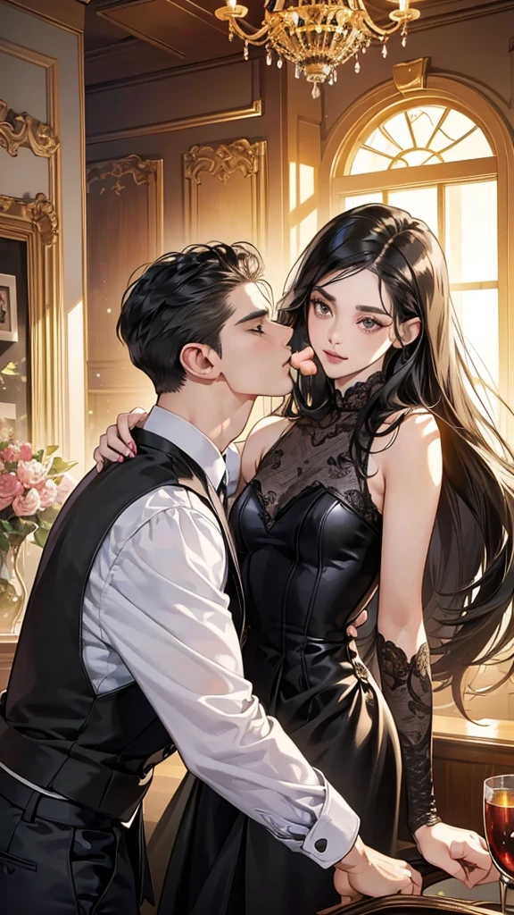 (masutepiece, Digital Art, Digital Illustration, 4K, 8K, Ultra-detailed, beautiful image, Sharp Image, Photorealistic, Raw photo, Perfect face, Perfect lines, Perfect eyes, Soft lighting) 1 woman, (Long Black Hair,straight haired,Bullish gaze,Beautie,Woman in suit,Solid makeup,23 y-o woman,small tits:1.3),Secretary, Two handsome men in suits, (ember,Men in suits,well-muscled,Firm shoulder width, Man's,Boyish hairstyle,English gentlemanly style,Man in his 30s with a cool expression,28-year-old man with bright smile:1.2),Office scene at night,Antique furnishings,Antique Clamps,Antique chair,chandeliers,Parti、a couple、couple kissing、kiss、the kiss、Antique furnishings