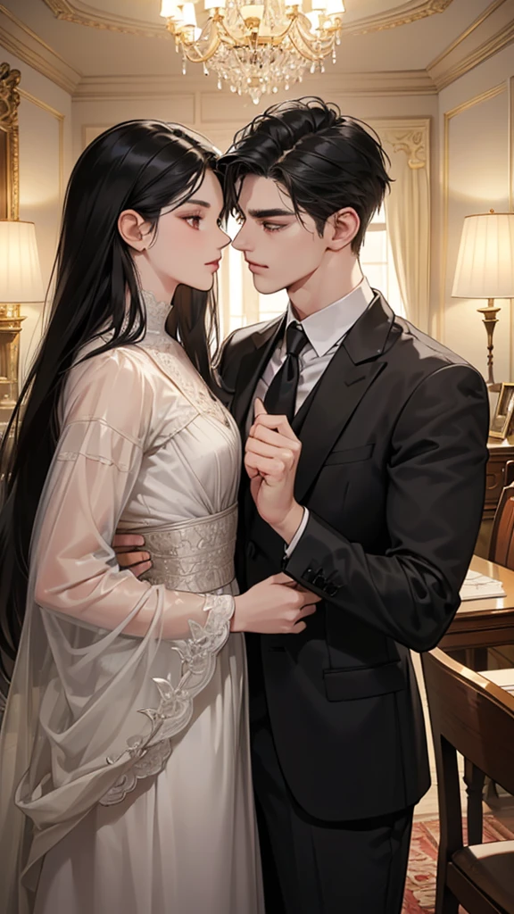 (masutepiece, Digital Art, Digital Illustration, 4K, 8K, Ultra-detailed, beautiful image, Sharp Image, Photorealistic, Raw photo, Perfect face, Perfect lines, Perfect eyes, Soft lighting) 1 woman, (Long Black Hair,straight haired,Bullish gaze,Beautie,Woman in suit,Solid makeup,23 y-o woman,small tits:1.3),Secretary, Two handsome men in suits, (ember,Men in suits,well-muscled,Firm shoulder width, Man's,Boyish hairstyle,English gentlemanly style,Man in his 30s with a cool expression,28-year-old man with bright smile:1.2),Office scene at night,Antique furnishings,Antique Clamps,Antique chair,chandeliers,Parti、a couple、couple kissing、kiss、the kiss、Antique furnishings