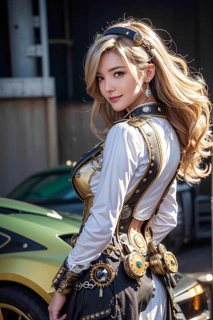 Woman portrait、Highest quality、Rear view、8k,Detailed face, clear, Fine skin、Clear, beautiful eyes、whole body、(Curly Hair)、My hair was messed up by the wind、The beauty of a smile、(Glamorous Muscle、tall),(Hip_superior, Hip superior), Mature Woman,( Watching the audience),Realistic, High resolution, Soft Light,1 female, alone, Hipアップ, Glowing Skin, (Detailed face), Sexy smile, Perfect Style, Perfect balance,Platinum gold hair,Long Hair,Naughty look,((Steampunk Pirates costume、star print)),(Yellow-green and white mecha, High-tech Mecha,Beautiful steampunk cyborg woman,Steampunk Mecha Cyborg Girl,Blue steampunk blue and white jacket,Steampunk white dress shirt,Short jeweled tie,silver dress shirt,wrist cuffs,Gemstone Helmet,belt,Long skirt),((arms behind back)),(bokeh),(studio lighting)
