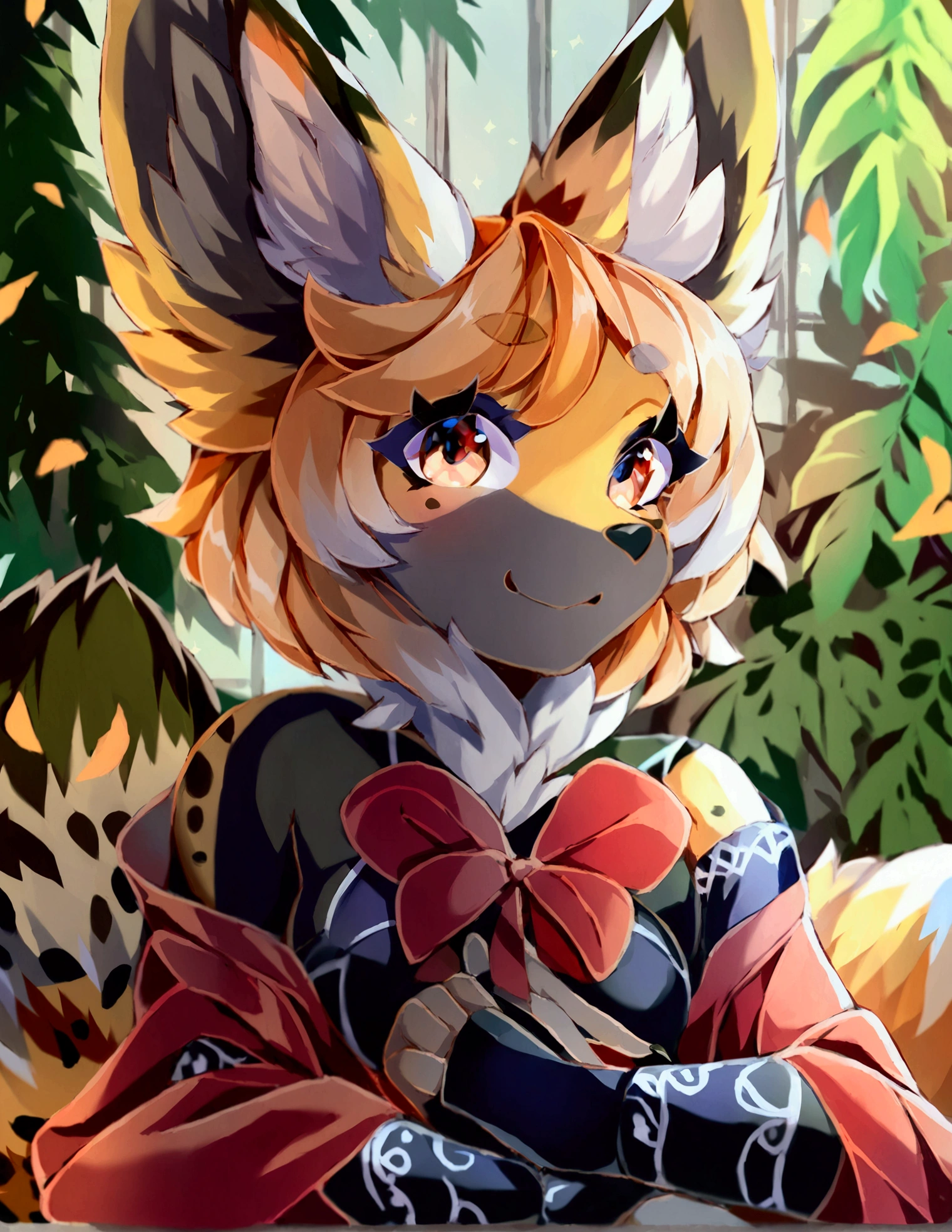 mammal, canid, canine, fox, tekahika, front_view, high-angle_view, bird's-eye_view, solo, splits, armwear, arm_warmers, robe, sarong, skirt, spotted_skirt, legband, socks, tuft, eyelashes, small_mouth, 5_fingers, claws, finger_claws, big_tail, medium_breasts, camel_toe, smiling, anthro, female, short, flat_colors, lineless, shaded, chibi, (masterpiece, best_quality:1.2), absurd_res, safe