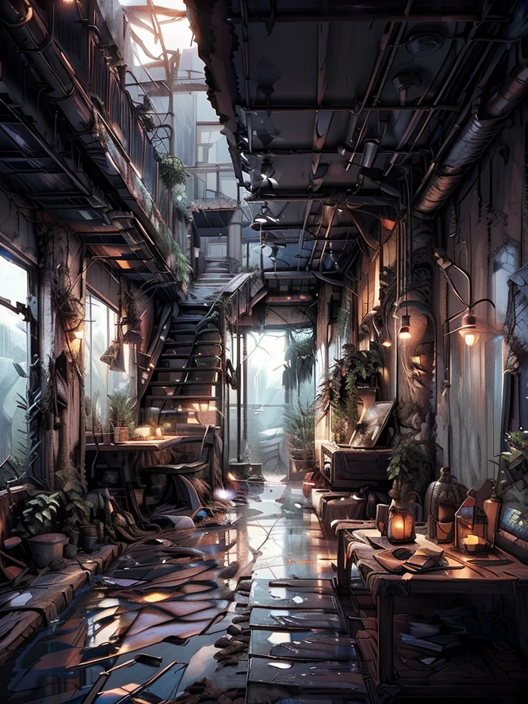 Create a post-apocalyptic scenario in which the Earth is flooded, There are few treeany buildings and structures. 廃墟などのHigh resolutionの詳細を追加する, Structural cracks, Electrical equipment malfunction, Insufficient lighting. The scene should have a mysterious and dark atmosphere., Contains elements of water and ruins, High resolution, Super detailed, Add ships to be used as cities, Ship City, 8k, Quality is abundant