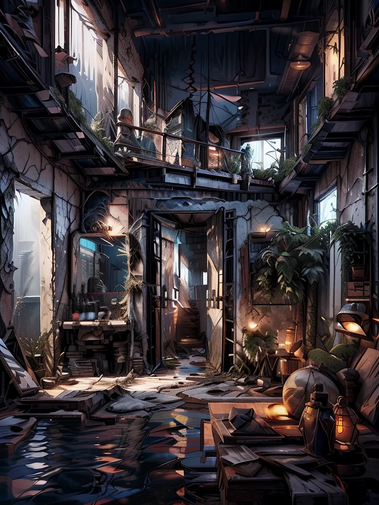 Create a post-apocalyptic scenario in which the Earth is flooded, There are few treeany buildings and structures. 廃墟などのHigh resolutionの詳細を追加する, Structural cracks, Electrical equipment malfunction, Insufficient lighting. The scene should have a mysterious and dark atmosphere., Contains elements of water and ruins, High resolution, Super detailed, Add ships to be used as cities, Ship City, 8k, Quality is abundant