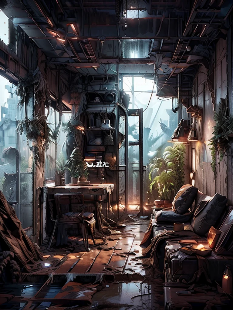 Create a post-apocalyptic scenario in which the Earth is flooded, There are few treeany buildings and structures. 廃墟などのHigh resolutionの詳細を追加する, Structural cracks, Electrical equipment malfunction, Insufficient lighting. The scene should have a mysterious and dark atmosphere., Contains elements of water and ruins, High resolution, Super detailed, Add ships to be used as cities, Ship City, 8k, Quality is abundant