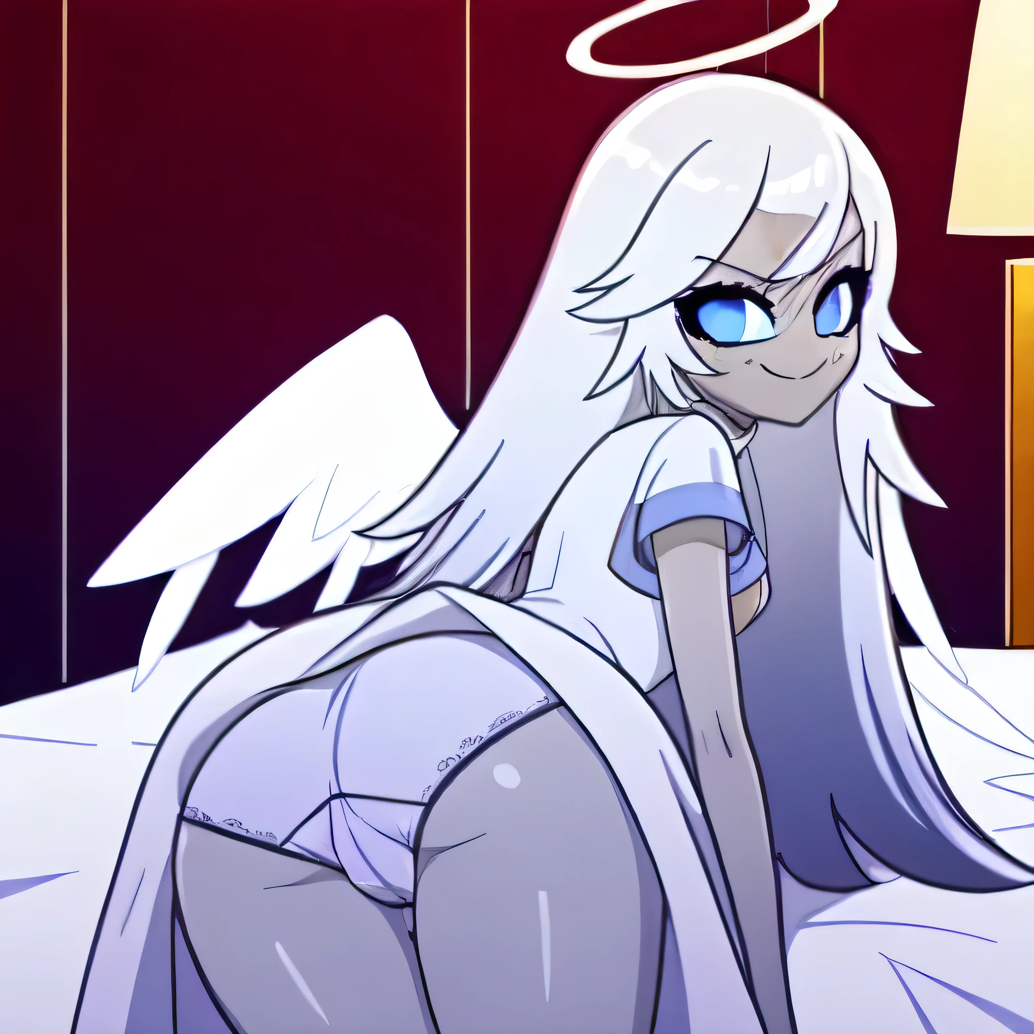 (bedroom:1.1, blue bed, 1girl, 1boy, angel, angel wings, hands on ass, ass grab, blue eyes, ass, panties, colored skin, Emily, grey skin:1.2, halo, light blue sclera, long hair, closed mouth, smile, a boy touch her ass in aggressive way, very long hair, white dress, white hair, horny, porn, nsfw, rule 34, sexy,