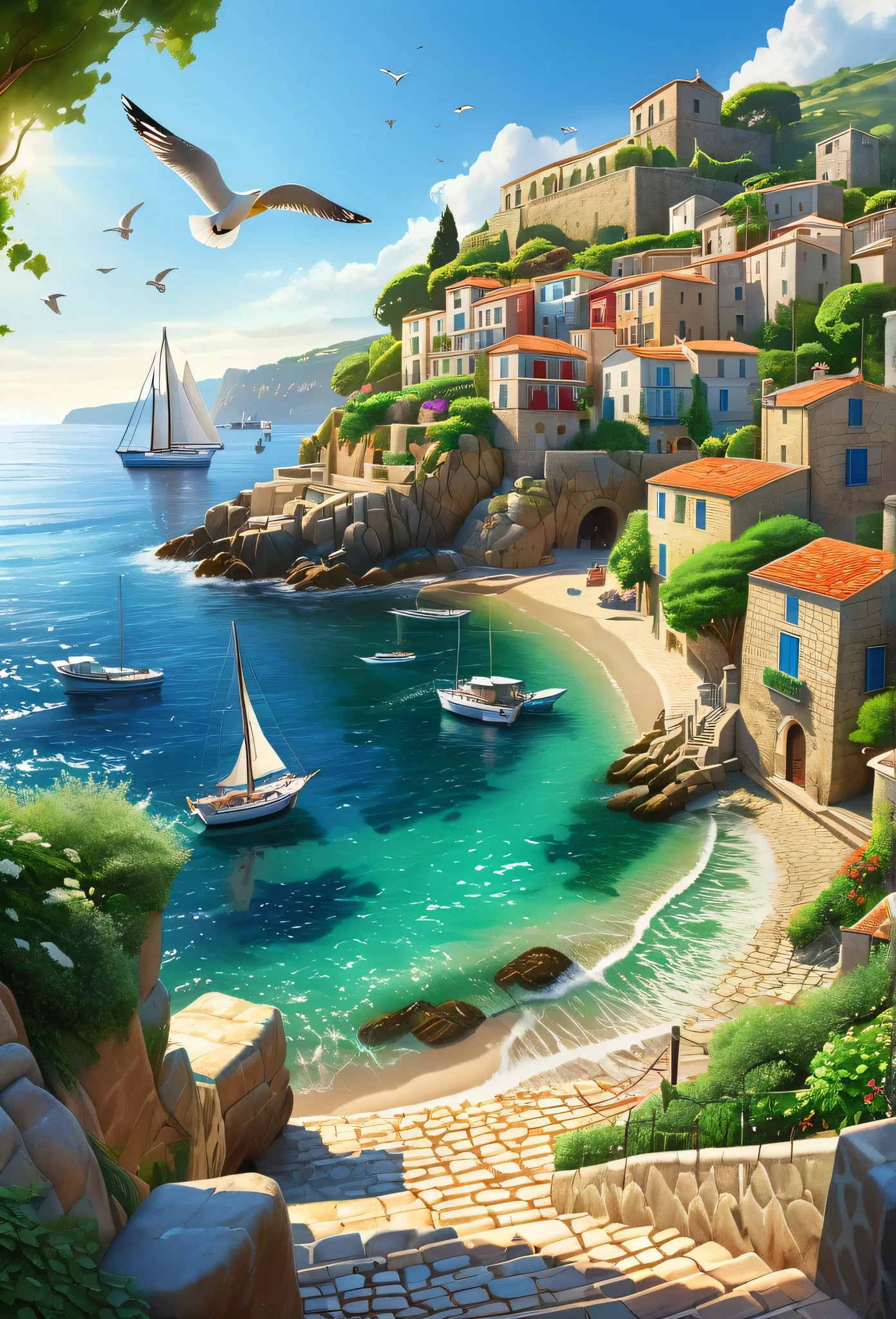 a beautiful seaside town, coastal landscape, sunlit beach, rocky cliffs, waves crashing on shore, sailboats in the distance, seagulls flying overhead, lush green foliage, cobblestone streets, colorful fishing boats, intricate architecture, warm Mediterranean atmosphere, glimmering azure ocean, dynamic lighting, photorealistic, cinematic, concept art style