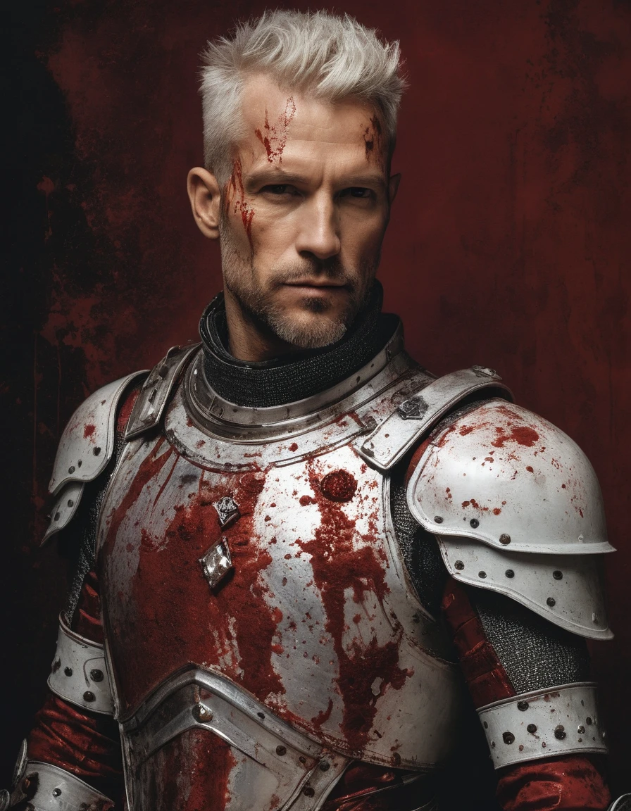 {{Masterpiece, best quality, oil painting, by Gustav Klimt, by Franz von Stuck, by Gustave Moreau}}, ((((((the full body portrait of a 40 year old male cyborg, manly, sexy, tall, muscular, he has blood covered coiffed silver hair, a halo on his head, splattered in blood scarred face, sullen, arrogant, haughty, majestic, furious)))))), ((((He is splattered in blood, wearing a blood covered white cyborg silken plate armor, with a red diamond shape on his chest)))). (((burning covered in blood background)))