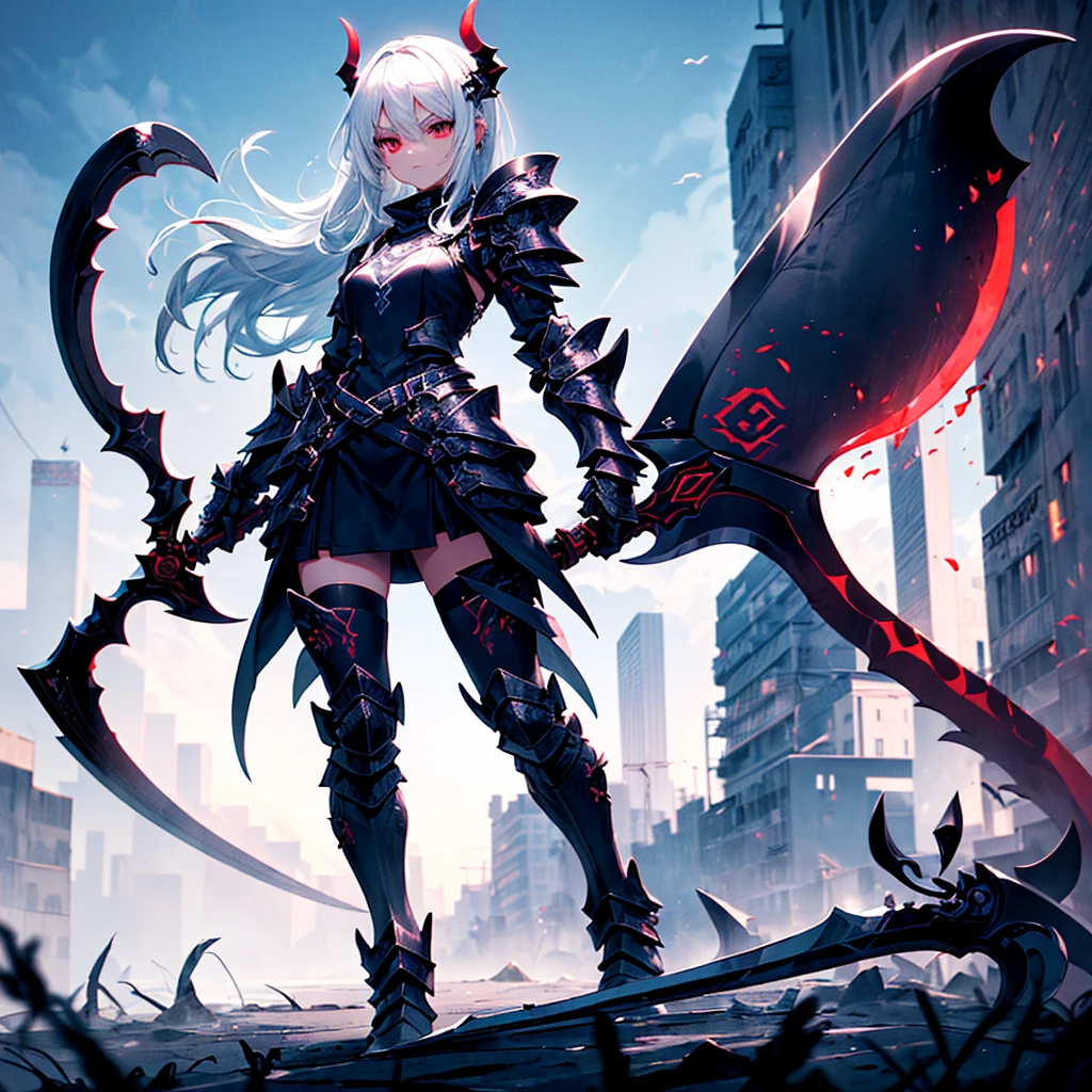 (((masterpiece, best quality, high detailed, 8k))) Design a layout showcase Gaming character, (1girl) Slender cute girl character with short stylish white hair and piercing eyes. She wears a demonic armor in purple black and white. wields a large, stylized scythe. The character has a menacing expression, with a chaotic environment as the background. ((full body front view)). ((slender)), (extremely detailed:1.5), (long white hair:1.2), (piercing red eyes:1.2), (chaotic environment:1.1), (demonic armor:1.3), (stylized scythe:1.3). 