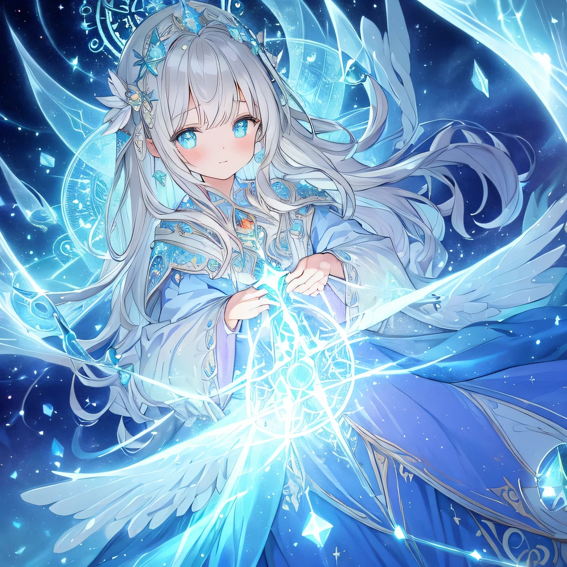 ((Masterpiece)), ((top quality)), (very detailed), animated style illustration, 1girl, cute girl, solo, full body, full body focus, (Dutch angle shot:1.3), wizard, pastel-colored clothing, holding a mystical staff embedded with crystals, casting a spell, magic circle, glowing, on the ground, long hair, flowing robe, sparkling eyes, ethereal, light magic, intricate details, magical effects, fantasy setting, serene expression, dynamic pose, magical aura, luminous environment, detailed background, intricate patterns, gentle colors, whimsical atmosphere, elegant design, charming appearance, enchanting scene, fantasy illustration, detailed line work.
