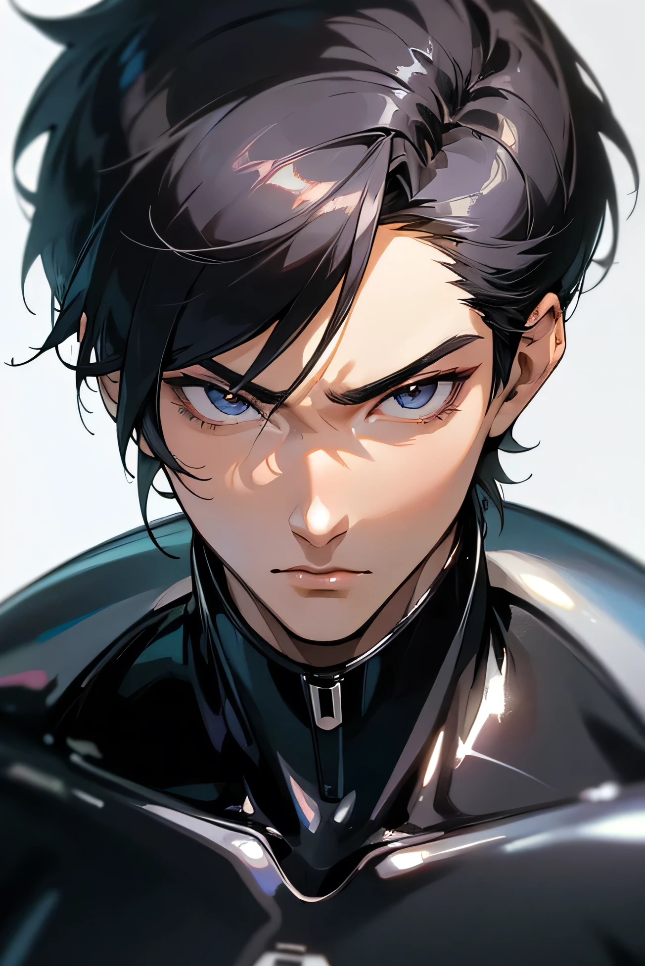 Face close-up　Handsome　　Japanese male handsome model　Black Hair　　Short cut　　G-I-A-CUT　looking at the camera　Shiny full-body silver suit　　　Shiny silver latex suit　　Fierce face　　Face close-up from collarbone　Handsome　　　　Short cut　　G-I-A-CUT
