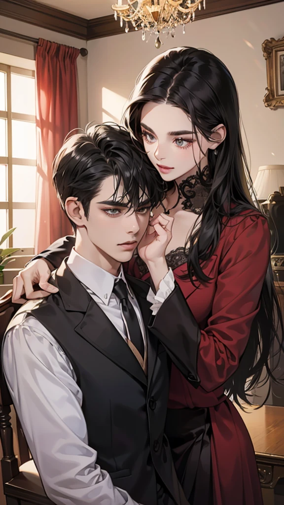 (masutepiece, Digital Art, Digital Illustration, 4K, 8K, Ultra-detailed, beautiful image, Sharp Image, Photorealistic, Raw photo, Perfect face, Perfect lines, Perfect eyes, Soft lighting) 1 woman, (Long Black Hair,straight haired,Bullish gaze,Beautie,Woman in suit,Solid makeup,23 y-o woman,small tits:1.3),Secretary, Two handsome men in suits, (ember,Men in suits,well-muscled,Firm shoulder width,Adult male,Boyish hairstyle,English gentlemanly style,Man in his 30s with a cool expression,28-year-old man with bright smile:1.2),Office scene at night,Antique furnishings,Antique Clamps,Antique chair,chandeliers,Parti、a couple、couple kissing、kiss、the kiss、Romance、