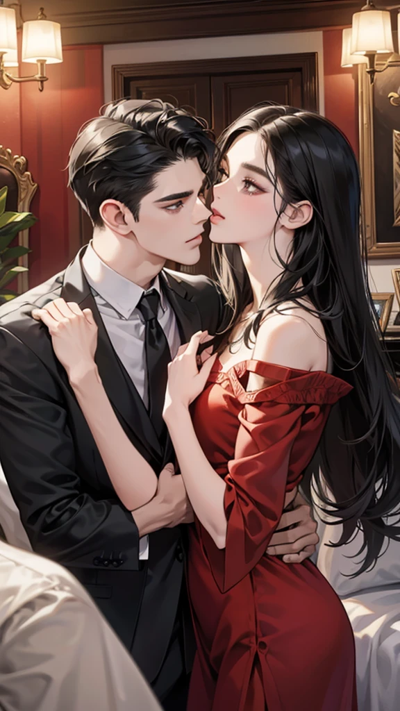 (masutepiece, Digital Art, Digital Illustration, 4K, 8K, Ultra-detailed, beautiful image, Sharp Image, Photorealistic, Raw photo, Perfect face, Perfect lines, Perfect eyes, Soft lighting) 1 woman, (Long Black Hair,straight haired,Bullish gaze,Beautie,Woman in suit,Solid makeup,23 y-o woman,small tits:1.3),Secretary, Two handsome men in suits, (ember,Men in suits,well-muscled,Firm shoulder width,Adult male,Boyish hairstyle,English gentlemanly style,Man in his 30s with a cool expression,28-year-old man with bright smile:1.2),Office scene at night,Antique furnishings,Antique Clamps,Antique chair,chandeliers,Parti、a couple、couple kissing、kiss、the kiss、Romance、