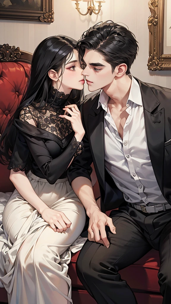 (masutepiece, Digital Art, Digital Illustration, 4K, 8K, Ultra-detailed, beautiful image, Sharp Image, Photorealistic, Raw photo, Perfect face, Perfect lines, Perfect eyes, Soft lighting) 1 woman, (Long Black Hair,straight haired,Bullish gaze,Beautie,Woman in suit,Solid makeup,23 y-o woman,small tits:1.3),Secretary, Two handsome men in suits, (ember,Men in suits,well-muscled,Firm shoulder width,Adult male,Boyish hairstyle,English gentlemanly style,Man in his 30s with a cool expression,28-year-old man with bright smile:1.2),Office scene at night,Antique furnishings,Antique Clamps,Antique chair,chandeliers,Parti、a couple、couple kissing、kiss、the kiss、Romance、
