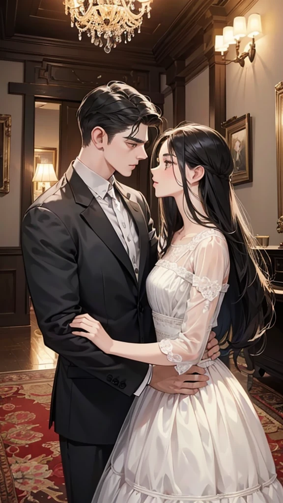 (masutepiece, Digital Art, Digital Illustration, 4K, 8K, Ultra-detailed, beautiful image, Sharp Image, Photorealistic, Raw photo, Perfect face, Perfect lines, Perfect eyes, Soft lighting) 1 woman, (Long Black Hair,straight haired,Bullish gaze,Beautie,Woman in suit,Solid makeup,23 y-o woman,small tits:1.3),Secretary, Two handsome men in suits, (ember,Men in suits,well-muscled,Firm shoulder width,Adult male,Boyish hairstyle,English gentlemanly style,Man in his 30s with a cool expression,28-year-old man with bright smile:1.2),Office scene at night,Antique furnishings,Antique Clamps,Antique chair,chandeliers,Parti、a couple、couple kissing、kiss、the kiss、Romance、