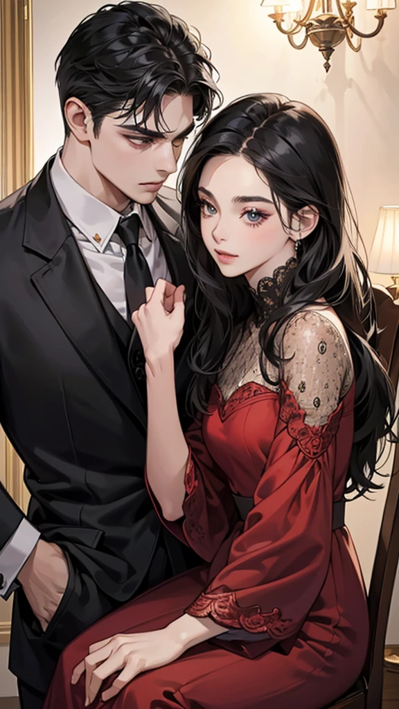 (masutepiece, Digital Art, Digital Illustration, 4K, 8K, Ultra-detailed, beautiful image, Sharp Image, Photorealistic, Raw photo, Perfect face, Perfect lines, Perfect eyes, Soft lighting) 1 woman, (Long Black Hair,straight haired,Bullish gaze,Beautie,Woman in suit,Solid makeup,23 y-o woman,small tits:1.3),Secretary, Two handsome men in suits, (ember,Men in suits,well-muscled,Firm shoulder width,Adult male,Boyish hairstyle,English gentlemanly style,Man in his 30s with a cool expression,28-year-old man with bright smile:1.2),Office scene at night,Antique furnishings,Antique Clamps,Antique chair,chandeliers,Parti、a couple、couple kissing、kiss、the kiss、Romance、