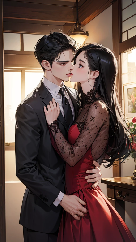(masutepiece, Digital Art, Digital Illustration, 4K, 8K, Ultra-detailed, beautiful image, Sharp Image, Photorealistic, Raw photo, Perfect face, Perfect lines, Perfect eyes, Soft lighting) 1 woman, (Long Black Hair,straight haired,Bullish gaze,Beautie,Woman in suit,Solid makeup,23 y-o woman,small tits:1.3),Secretary, Two handsome men in suits, (ember,Men in suits,well-muscled,Firm shoulder width,Adult male,Boyish hairstyle,English gentlemanly style,Man in his 30s with a cool expression,28-year-old man with bright smile:1.2),Office scene at night,Antique furnishings,Antique Clamps,Antique chair,chandeliers,Parti、a couple、couple kissing、kiss、the kiss、Romance、