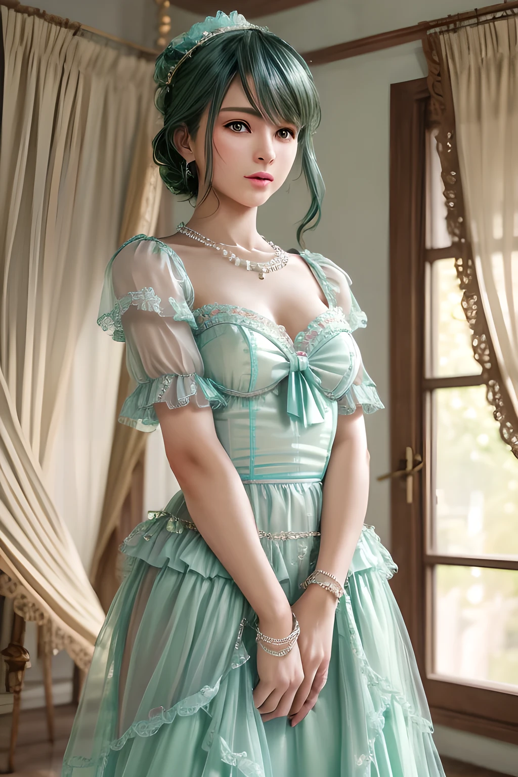 1girl,They wear a light green dress with sheer puff sleeves and a fitted bodice, tied with a light blue bow at the waist. The outfit exudes a feminine and sophisticated beauty, with a pearl necklace around her neck and flower accessories in her hair. The soft natural light creates a serene and elegant atmosphere, enhancing the overall composition. The background features floral elements and sheer curtains, adding an ethereal and springtime feel to the scene., (best quality,8k,highres,masterpiece:1.2),ultra-detailed,(realistic,photorealistic,photo-realistic:1.37),studio lighting,ultra-fine painting,sharp focus,physically-based rendering,extreme detail description,professional,vivid colors