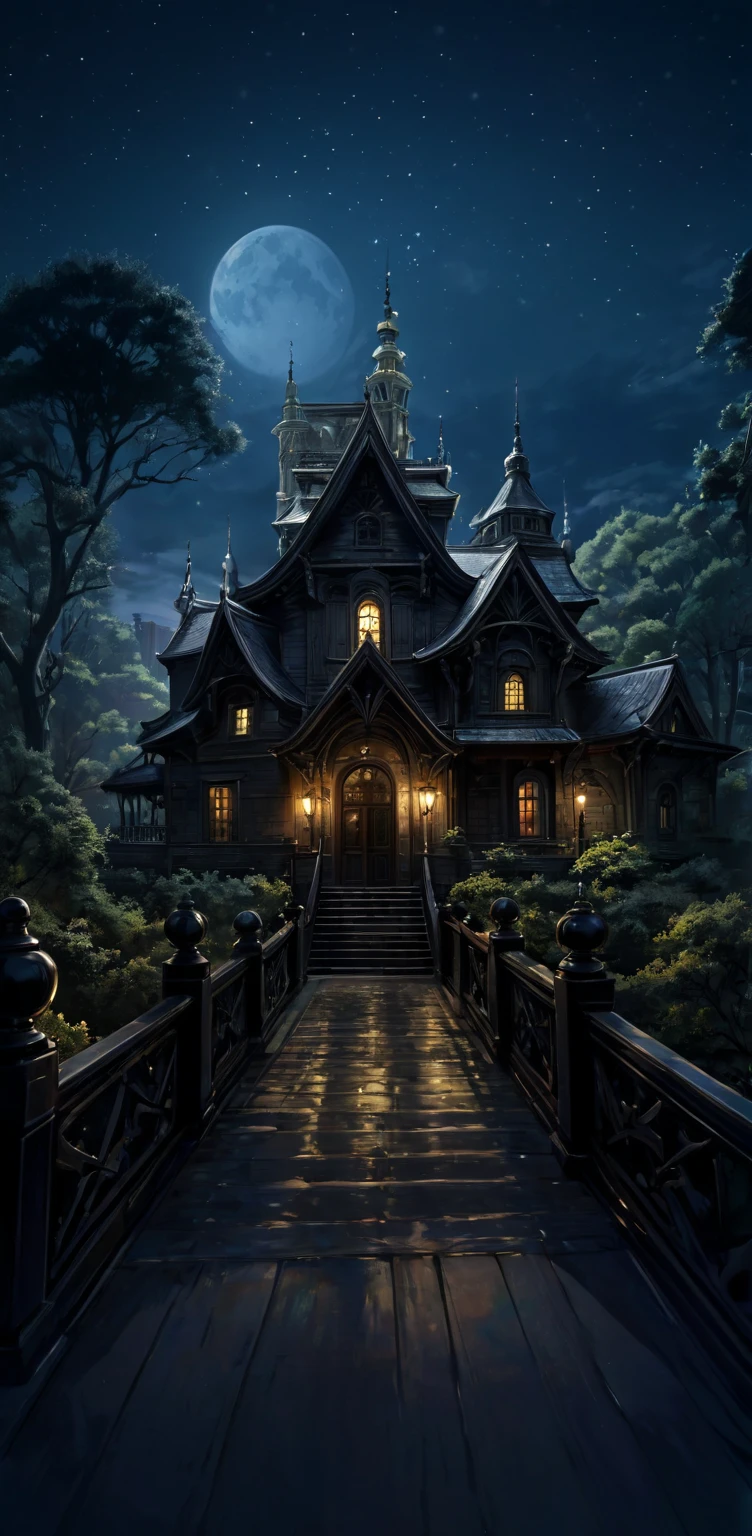 beautiful illustration, ultra-detailed, masterpiece, night, old, mysterious building, trees