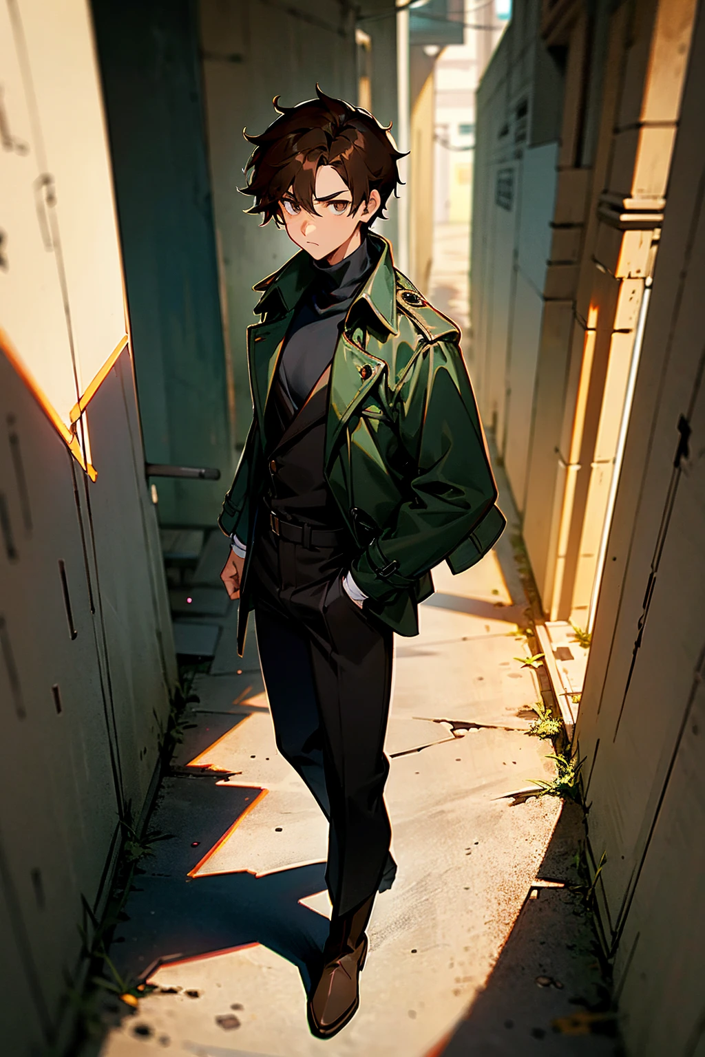 1male, brown hair, medium length, hazel eyes, serious expression, dark green trench coat, black turtleneck, baggy black pants, brown boots, standing on a path, urban alley with graffiti, masterpiece, 8k