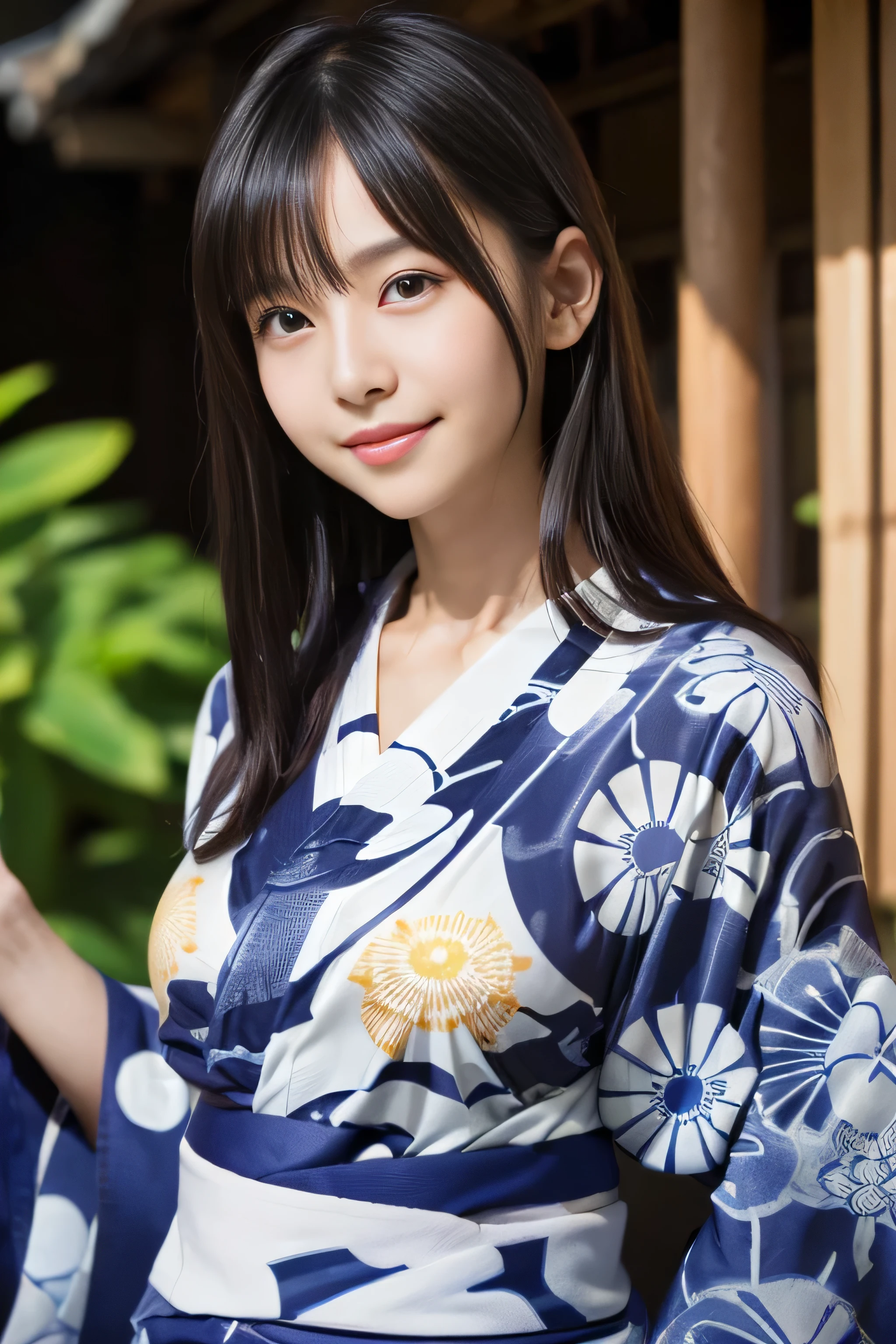 ((A thin yukata:1.4))、((14 years old))、Random Pause、(Highest quality,masterpiece:1.3,Ultra-high resolution,),(Very detailedな,Caustics),(Photorealistic:1.4,RAW shooting,)Ultra-Realistic Capture,Very detailed,High resolution 16K human skin closeup、 Natural skin texture、、Skin tone is even and healthy looking、 Use natural light and colour,1 girl,Japanese,cute,Black-haired,Medium Hair,(Big Breasts:1.4),smile,,(Written boundary depth、chromatic aberration、、Wide range of lighting、Natural Shading、)、(Kimono with open front), Holding a Japanese fan, (hard nipples erect:1.2), (nipples pointing up:1.2),