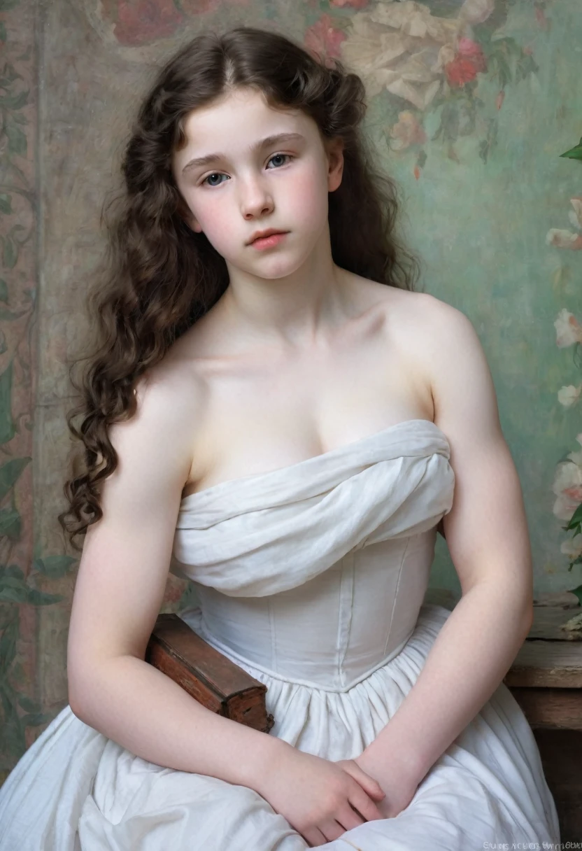 pale skin muscular brunette girl huge breasts in the style of William-Adolphe Bouguereau