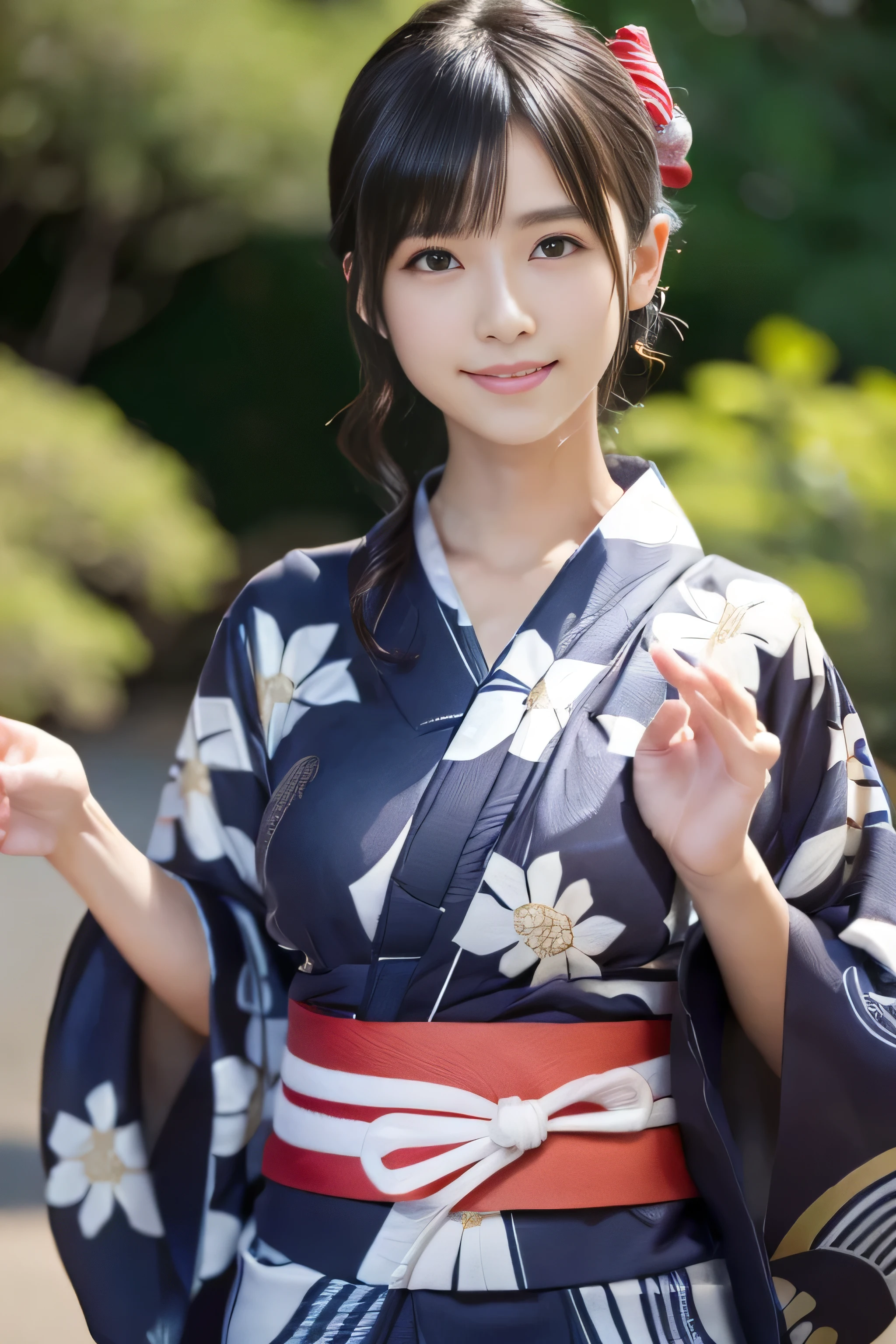 ((A thin yukata:1.4))、((14 years old))、Random Pause、(Highest quality,masterpiece:1.3,Ultra-high resolution,),(Very detailedな,Caustics),(Photorealistic:1.4,RAW shooting,)Ultra-Realistic Capture,Very detailed,High resolution 16K human skin closeup、 Natural skin texture、、Skin tone is even and healthy looking、 Use natural light and colour,1 girl,Japanese,cute,Black-haired,Medium Hair,(Big Breasts:1.4),smile,,(Written boundary depth、chromatic aberration、、Wide range of lighting、Natural Shading、)、(Kimono with open front), Holding a Japanese fan, (hard nipples erect:1.2), (nipples pointing up:1.2),