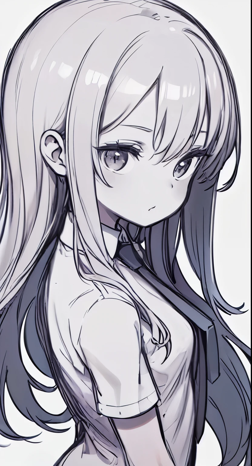 (Perfect body),best quality,16K、masterpiece, Solitary, White shirt, tie、Long hair, Side close-up, Simple background, White background, monochrome, Line Art, ((sketch))