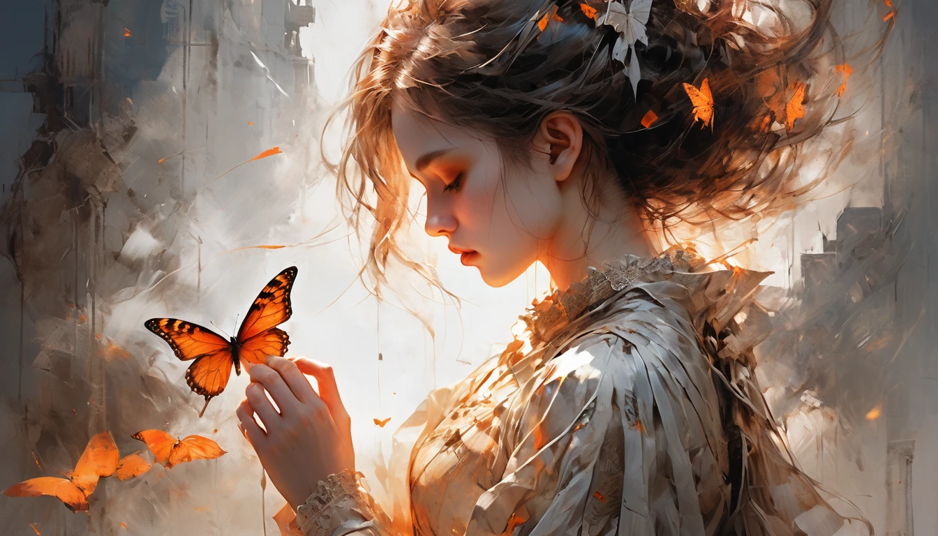 right ,prayer, Beautiful woman, Sad look, Faded elegance, A poignant atmosphere, Lost Beauty, Melancholic mood, Fascinating, Eternal Sadness, Contrasting, Delicate Decay,Line art,Backlight,Wind,Backlight,Stardust,(Wind:1.2),knight,Orange blood, Fire and butterfly