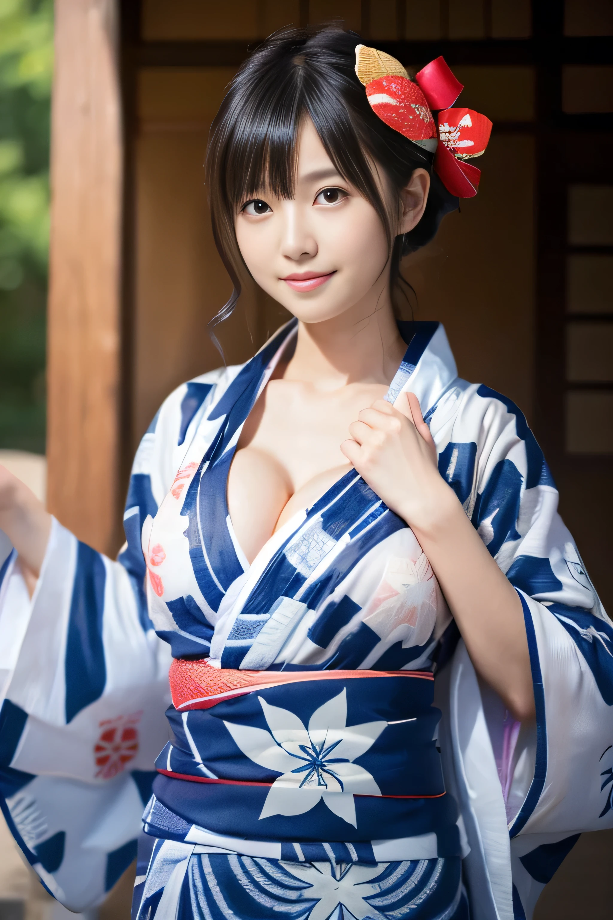 ((A thin yukata:1.4))、(())、Random Pause、(Highest quality,masterpiece:1.3,Ultra-high resolution,),(Very detailedな,Caustics),(Photorealistic:1.4,RAW shooting,)Ultra-Realistic Capture,Very detailed,High resolution 16K human skin closeup、 Natural skin texture、、Skin tone is even and healthy looking、 Use natural light and colour,1 girl,Japanese,cute,Black-haired,Medium Hair,(Big Breasts:1.4),smile,,(Written boundary depth、chromatic aberration、、Wide range of lighting、Natural Shading、)、(Kimono with open front), Holding a Japanese fan, (hard nipples erect:1.2), (nipples pointing up:1.2),
