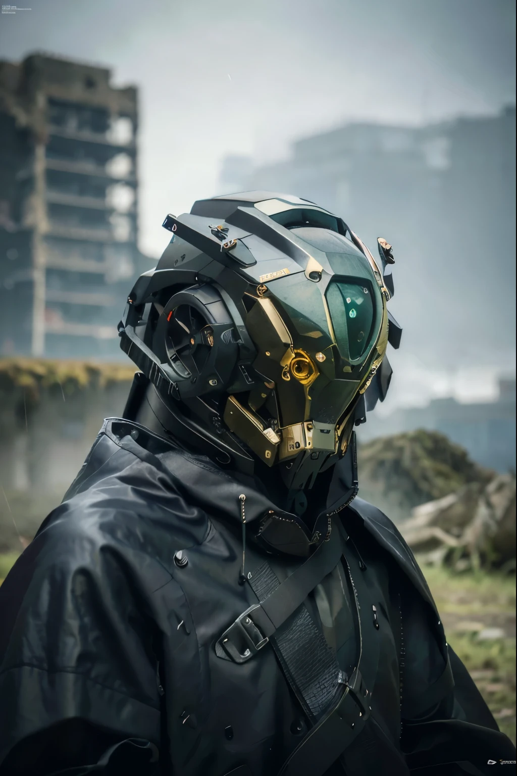 (rainy day:1.3), dark theme, dark clouds, thunder and lightning, realistic, complex 3d render ultra detailed, best quality, masterpiece, ultra high res, cowboy shot, (photorealistic:1.4), raw photo, official art, (close up, face focus:1.5), Complex background, absurdres, vague, Atmospheric, from side, dynamic angle, ((Armed with both hands)), golden glowing,  cyberhelmet, giant mecha, robot, armor, mechanical arms, science fiction, no humans, (Wearing a tattered cloak), standing on the ruins of the old square after the radiation war, there are damaged buildings everywhere, smoke of gunpowder, war, LED, leather black jacket
