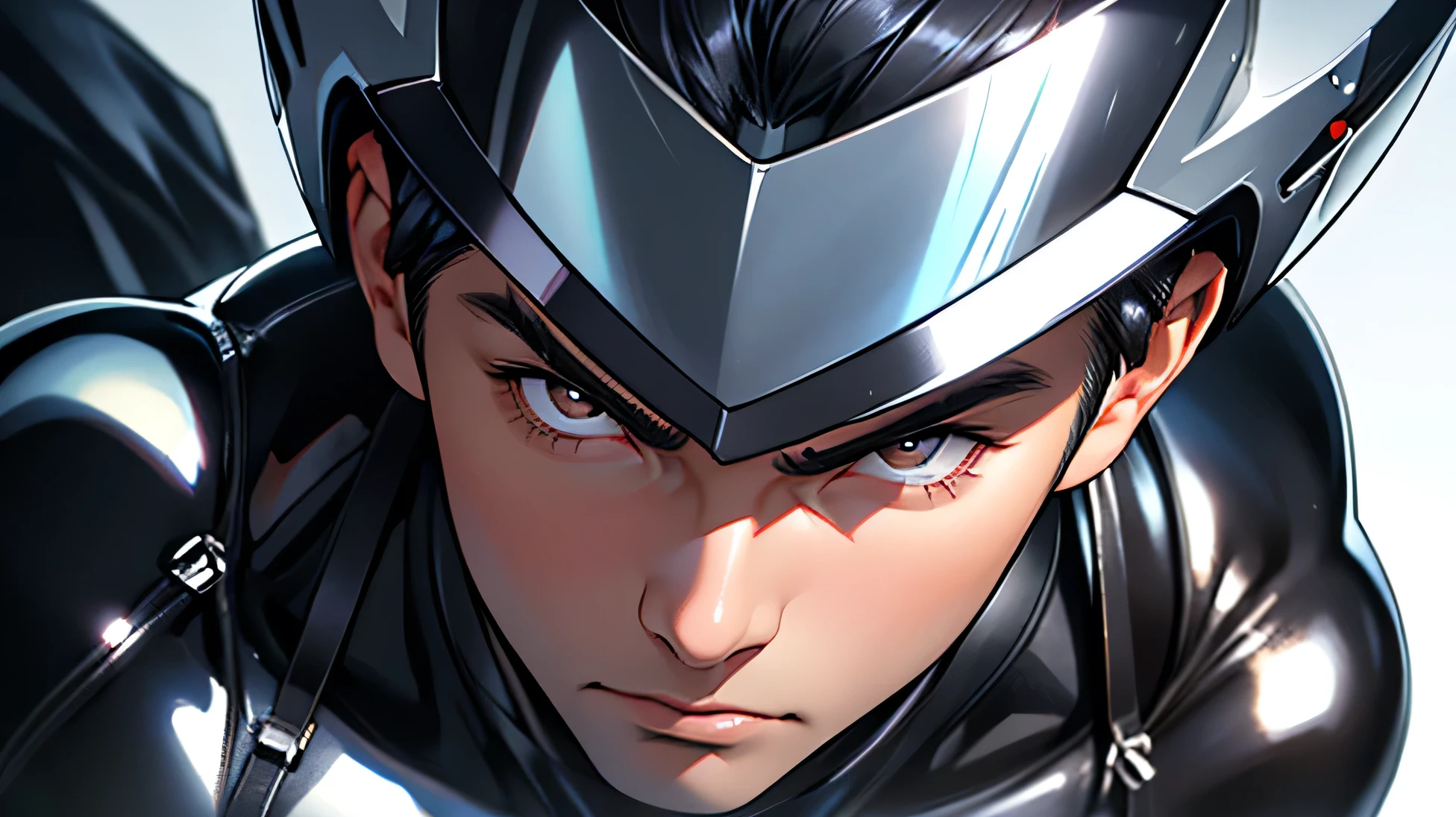 Face close-up Handsome Japanese male handsome model Black Hair Short cut G-I-A-CUT looking at the camera Shiny full-body silver suit Shiny silver latex suit Fierce face Face close-up from collarbone Handsome Short cut G-I-A-CUT