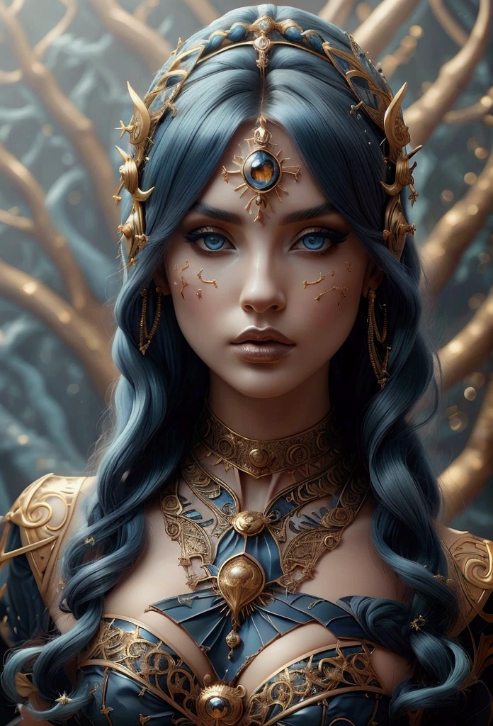 ( high quality , ultra detailed, be careful with your hand )Zodiac - goddess Sagittarius , similar to latin goodness . optimistic, impartial, fun and intellectual face . Reckless, cold heart, impatient, overconfident style . dark blue eyes (eye detail) , deep blue hair with bling bling , Transparent dress , in the ocean with stars , whole body , fire makeup , god chiron