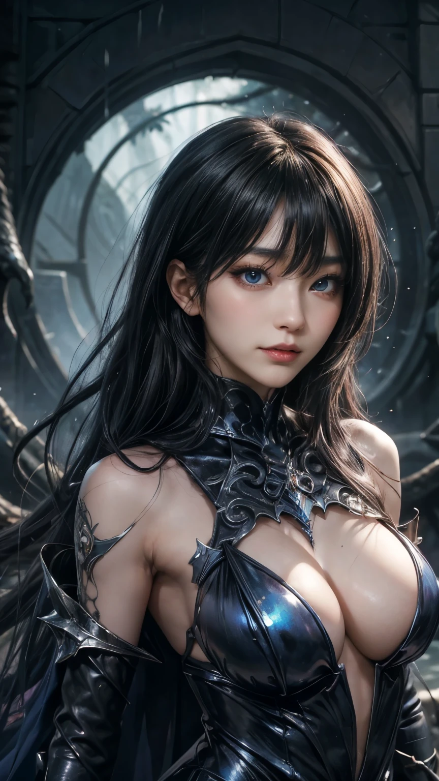 強力なスーパーevil女がクローズアップでポーズをとる, Black Goddess (Expose your shoulders), length, Flowing purple hair, View your audience, Highly detailed face, Perfect hands, Blue smoke swirling around her, evil事を愛する, Captivating blue eyes, Dark fantasy, Genuine, Symmetric, Attention to detail, Esoteric arachnids lady, Spider Queen Elise, League of Legends, Esoteric arachnids, Combat Stance, ( body formed from metallic mauveine and metallic black liquid metallic paint twisting into a beautiful interpretation of the female figure), length, Sharp Fangs, nature, ((Complex metallic colors in the foreground)), ((Big Breasts、 Fluid Mechanics, The most beautiful smooth scale face makeup, Smirking expression)) - Dark blood, Onyxia、Noir painting of a beautiful young witch, length purple hair, dark purple lips, evil, evil female, smile, Black Prom Dress, She is coming to you, close, Bright Blue Eyes, Surrounded by swirling pink smoke, Genuine, Attention to detail, Highest quality、A beastly demon wields a vicious blade, Blood Chain, Behemoth Bones, Snake-like tentacles, Cruel Teeth, Expressions of madness, Oppressive Dungeon. 8K Vision Reveals Fear, Ultra HD detail makes monsters stand out, Grotesque shadows dance, The creature whispers, Stifling atmosphere, Vision problems, Visible Madness. blade, evil意の閃光が輝く, reflect (Light) Beyond the Darkness, Elucidate (Sharp details) and、Add a dizzying dimension to the impending chaos.