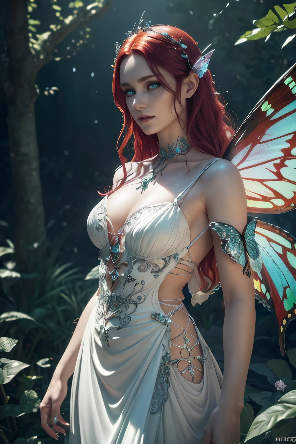 Evil Pixie witch with butterfly wings, piercing emerald eyes, long red hair, intricate detailed face, flowing white dress,  dreamlike fantasy background, (best quality,4k,8k,highres,masterpiece:1.2),ultra-detailed,(realistic,photorealistic,photo-realistic:1.37),vibrant colors,glowing lighting,cinematic composition,fantasy art,concept art