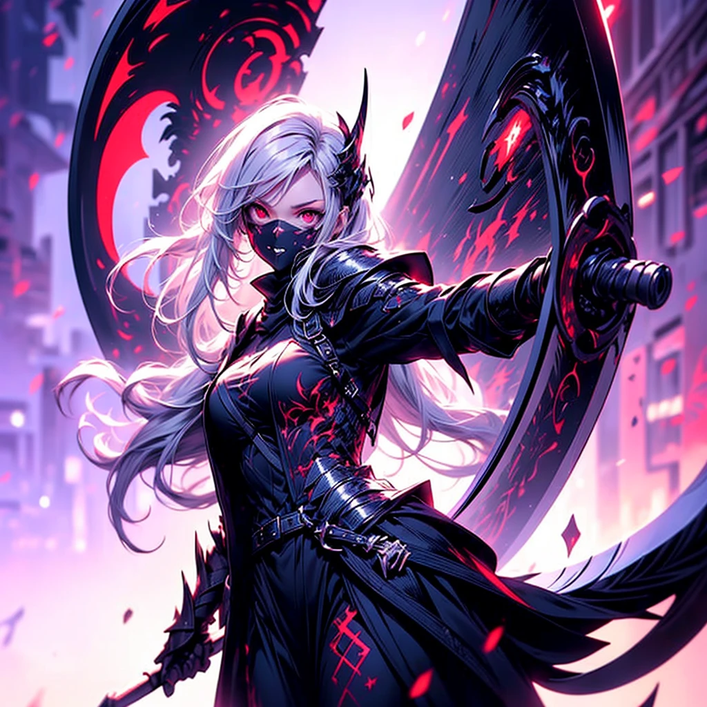 (((masterpiece, best quality, high detailed, 8k))) Design a layout showcase Gaming character, (1girl) Slender cute girl character with short stylish white hair and piercing eyes. She wears a demonic armor in purple black and white. wields a large, stylized scythe. The character has a menacing expression, with a chaotic environment as the background. ((full body front view)). ((slender)), (extremely detailed:1.5), (long white hair:1.2), (piercing red eyes:1.2), (chaotic environment:1.1), (demonic armor:1.3), (stylized scythe:1.3). 