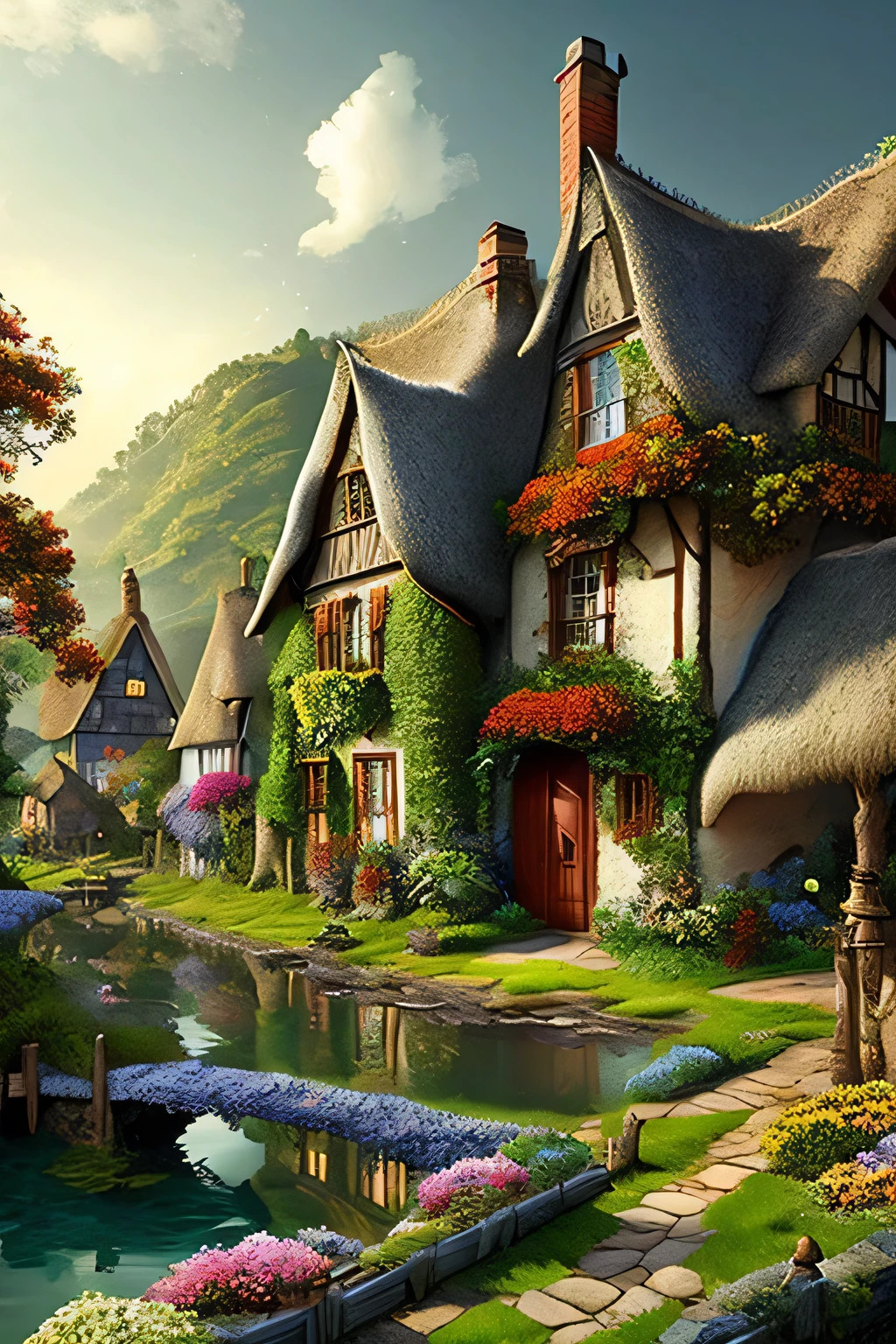 In an exquisite 8K resolution, this image brings to life the enchanting village of Ardenwood, nestled within a verdant, vibrant valley. Ancient oaks, boasting rich, textured bark and sprawling canopies of emerald leaves, stand tall like guardians over the landscape. Winding brooks meander through the village, their waters sparkling with clarity, adding a touch of life to the serene tableau. Charming thatched-roof houses adorned with colorful flower boxes dot the terrain, each displaying a unique charm that speaks of a bygone era. The cobblestone streets weave intricately, inviting exploration, while vill