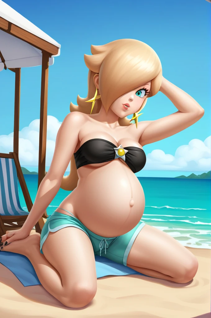 score_9, score_8_up, 1girl, solo, rosalina, style parody, thick outlines, black bikini, shorts, pregnant belly, sleeveless, strapless, cleavage, indoors, beach, black nails, complete body, perfect