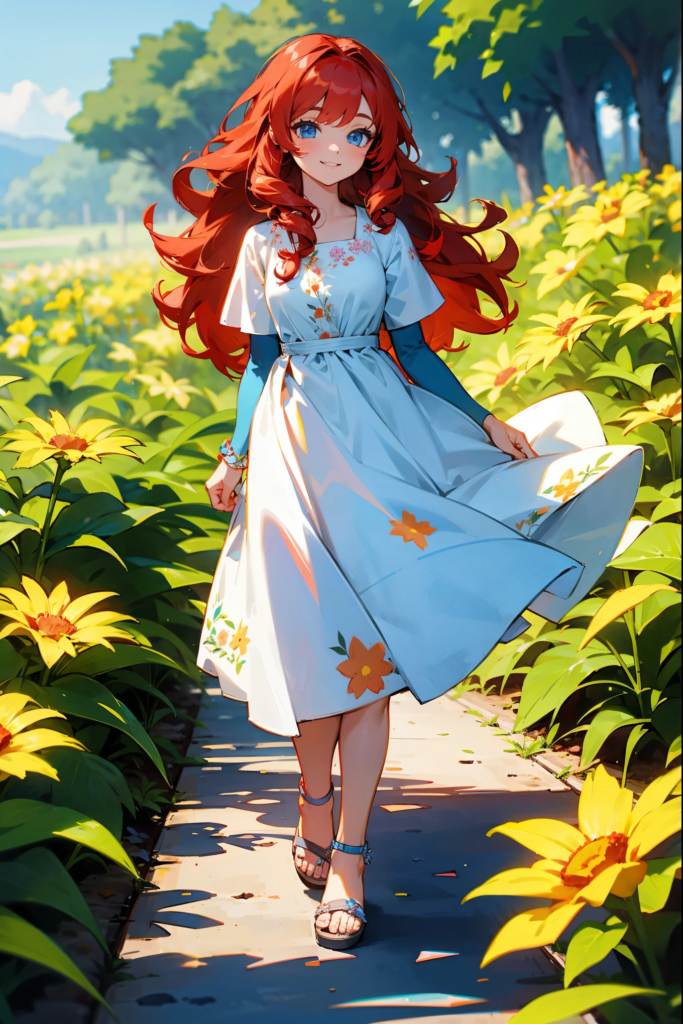 1female, red hair, long curly hair, blue eyes, smiling, yellow sundress with floral embroidery, white sandals, standing on a path, garden with blooming flowers, glowing flaming flowers, masterpiece, 8k