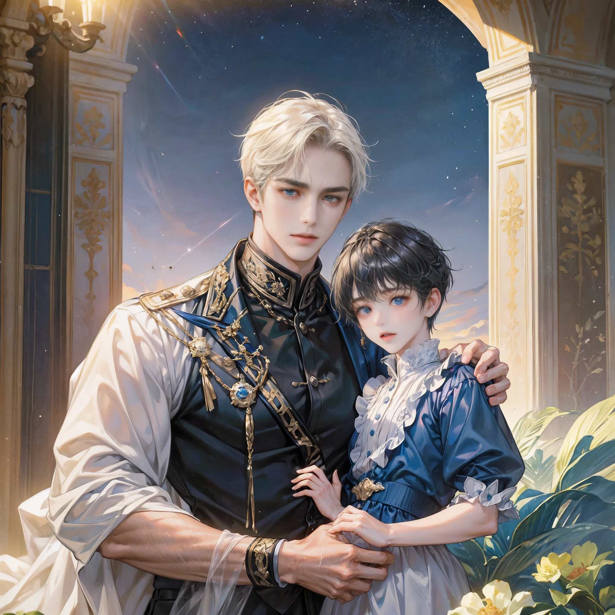(((masterpiece))), ((Highest quality)), ((Super detailed)), (CG illustration), Happy parent-child scene。The resurrected form of Emperor Constantine and the twins Crispus and Fausta.、Father and son landscape、Under the clear blue sky、A summer evening where a stylish modern mansion shines。As the bright sunlight envelopes the sea and the mansion、A young father in his 30s hugs his twin sons tightly and warmly on his way home from work。The father's face was filled with deep love, retribution and forgiveness.、I can see the look of relief on his face, having overcome his past mistakes.。The children have innocent, naive smiles、He buried his face in his father's shoulder and looked relieved.。Light and shadow gently intersect、A scene that creates a warm and moving atmosphere overall.。」Love。Love, forgiveness, healing and purification。Detailed and delicate。lyrical。Heartful Modern。Gorgeous。elegant。masterpiece。super high quality。, beauty, brilliance, ultra-high quality, ultra-high resolution, Ultra-fine, ultra-beautiful, a masterpiece.masterpiece。I'm in love with you,