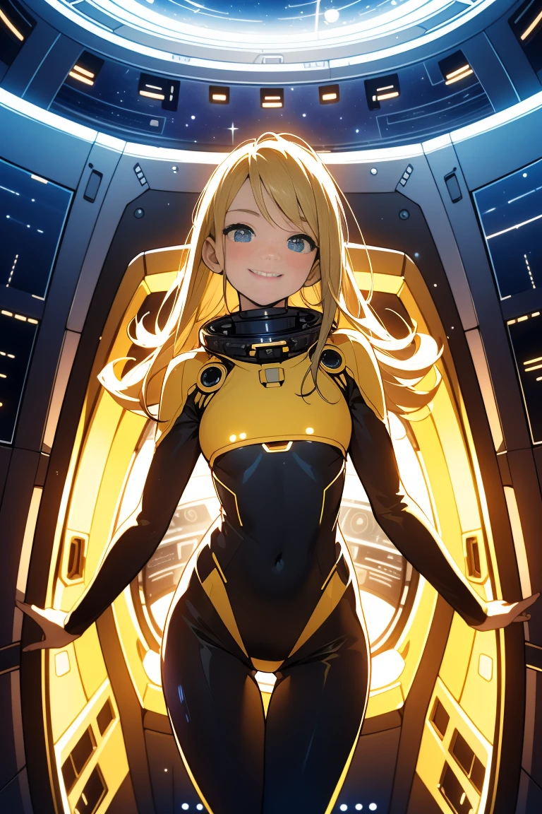 (masterpiece, best quality:1.2), (cowboy shot:1.1), alone, 1 woman, mori yuki, a little smile, closed mouth, side view, looking at viewer, blonde hair, long hair, thigh gap, yellow bodysuit, Sticks perfectly to the skin, perfect body, big windows, (Spaceship porthole:1.3), (spread legs:1.3), (standing:1.1), thigh gap,  pose, side view, perfect hands, Bright spaceship interior, (outer space view:1.1), (orbit view:1.3), (night, old sky:1.5), Milky Way