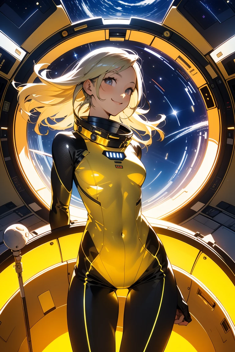 (masterpiece, best quality:1.2), (cowboy shot:1.1), alone, 1 woman, mori yuki, a little smile, closed mouth, side view, looking at viewer, blonde hair, long hair, thigh gap, yellow bodysuit, Sticks perfectly to the skin, perfect body, big windows, (Spaceship porthole:1.3), (spread legs:1.3), (standing:1.1), thigh gap, pose, side view, perfect hands, Bright spaceship interior, (outer space view:1.1), (orbit view:1.3), (night, old sky:1.5), Milky Way