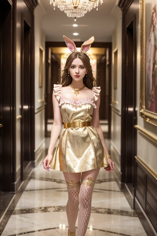 masterpiece, Highest quality, Realistic, Very detailed, Finer details, High resolution, 8k wallpaper, One beautiful woman, Dressed in a lovely gold and pink bunny girl outfit, wearing the garterbelt, In the hallway of a great hotel, At night, Light brown messy hair, Perfect dynamic composition, Beautiful and beautiful eyes、Big earrings、Are standing、whole body
