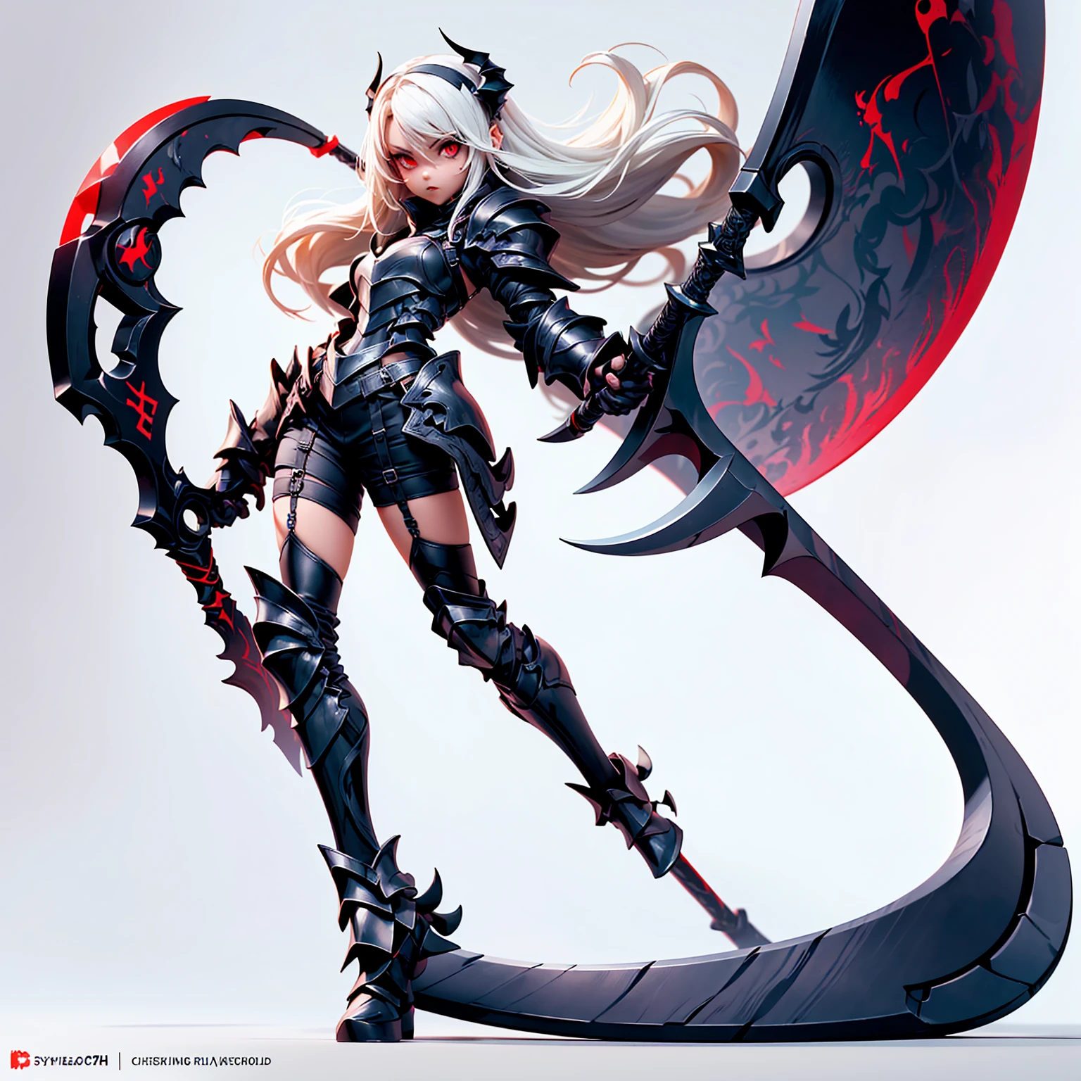(((masterpiece, best quality, high detailed, 8k))) Design a layout showcase Gaming character, (1girl) Slender cute girl character with short stylish white hair and piercing eyes. She wears a demonic armor in purple black and white. wields a large, stylized scythe. The character has a menacing expression, with a chaotic environment as the background. ((full body front view)). ((slender)), (extremely detailed:1.5), (long white hair:1.2), (piercing red eyes:1.2), (chaotic environment:1.1), (demonic armor:1.3), (stylized scythe:1.3).