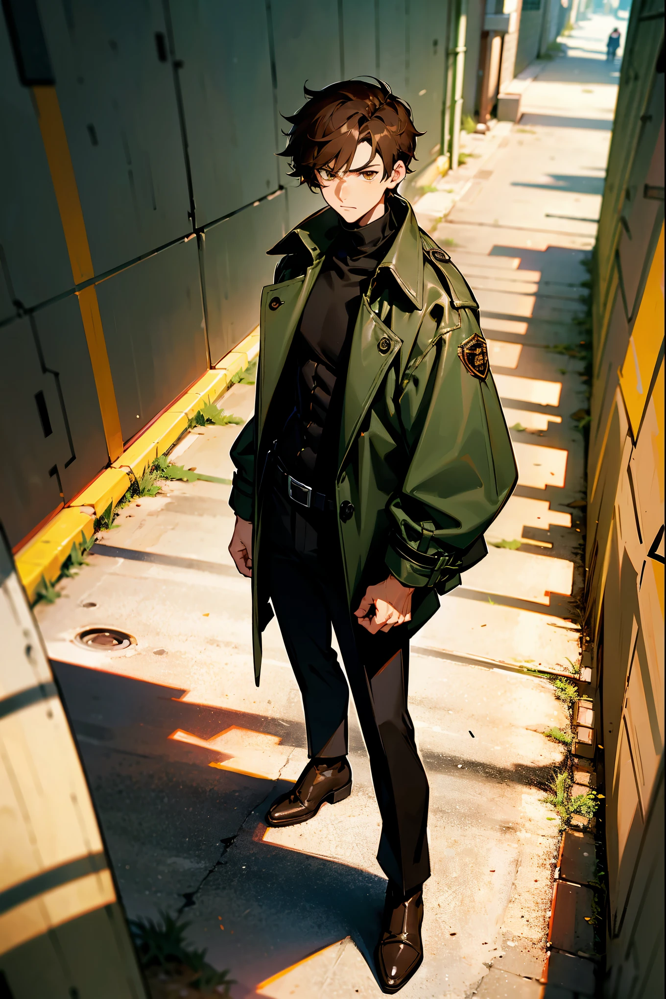 1male, brown hair, medium length, hazel eyes, serious expression, dark green trench coat, black turtleneck, baggy black pants, brown boots, standing on a path, urban alley with graffiti, masterpiece, 8k