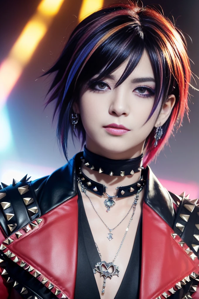 (masterpiece:1.4), (best quality:1.4), ultra high res, ultra high resolution, ((ultra detailed facial features)), HDR, (realistic, photorealistic, photo-realistic:1.37), (1 man), full body Esbian, ((sexy Japanese male)), (-anime), vivid colors, ((vivid colors multicolor (Visual Kei style spikes very short hair))), (big smile), ultra detailed glam rock makeup, bold lipstick, long lashes, defined eyebrows, wearing large Visual Kei jewelery, wearing a Visual Kei cosplay, ((vivid Visual Kei outfit)), (layered clothing), choker, rings, bracelets, piercings, look at the camera, cinematic light, rockstar festival stage background with multicolor lights, sweet and sexy pose