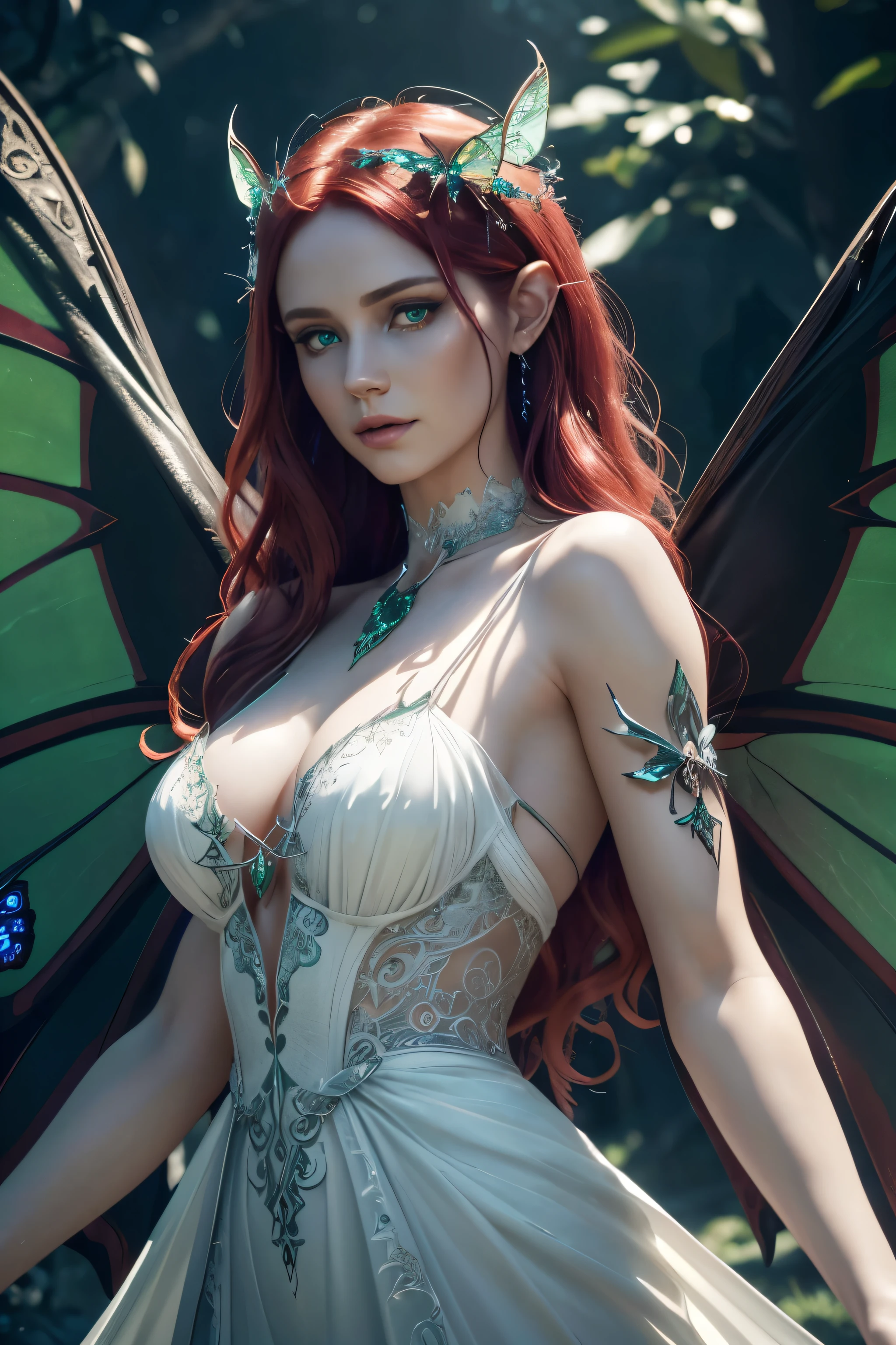 Evil Pixie witch with butterfly wings, piercing emerald eyes, long red hair, intricate detailed face, flowing white dress, dreamlike fantasy background, (best quality,4k,8k,highres,masterpiece:1.2),ultra-detailed,(realistic,photorealistic,photo-realistic:1.37),vibrant colors,glowing lighting,cinematic composition,fantasy art,concept art