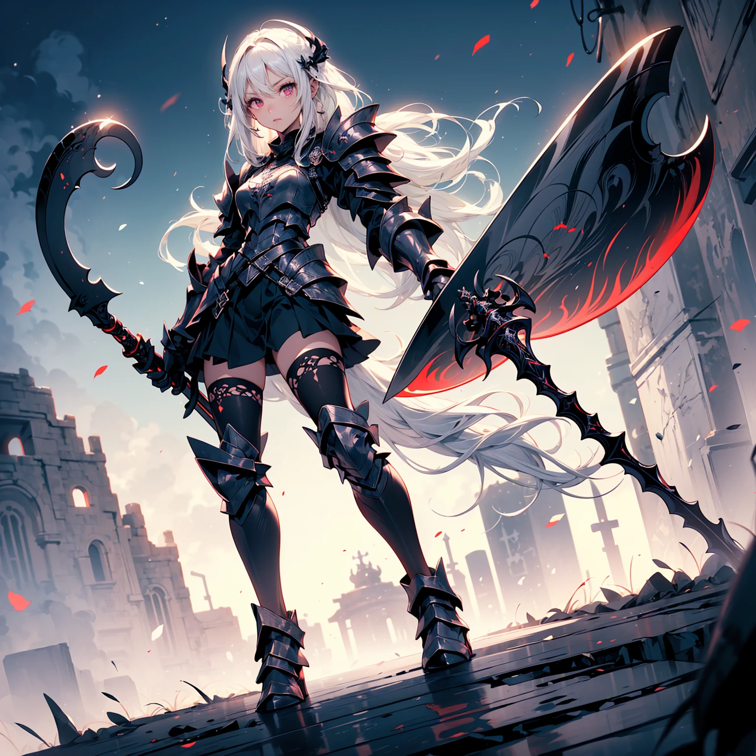 (((masterpiece, best quality, high detailed, 8k))) Design a layout showcase Gaming character, (1girl) Slender cute girl character with short stylish white hair and piercing eyes. She wears a demonic armor in purple black and white. wields a large, stylized scythe. The character has a menacing expression, with a chaotic environment as the background. ((full body front view)). ((slender)), (extremely detailed:1.5), (long white hair:1.2), (piercing red eyes:1.2), (chaotic environment:1.1), (demonic armor:1.3), (stylized scythe:1.3).