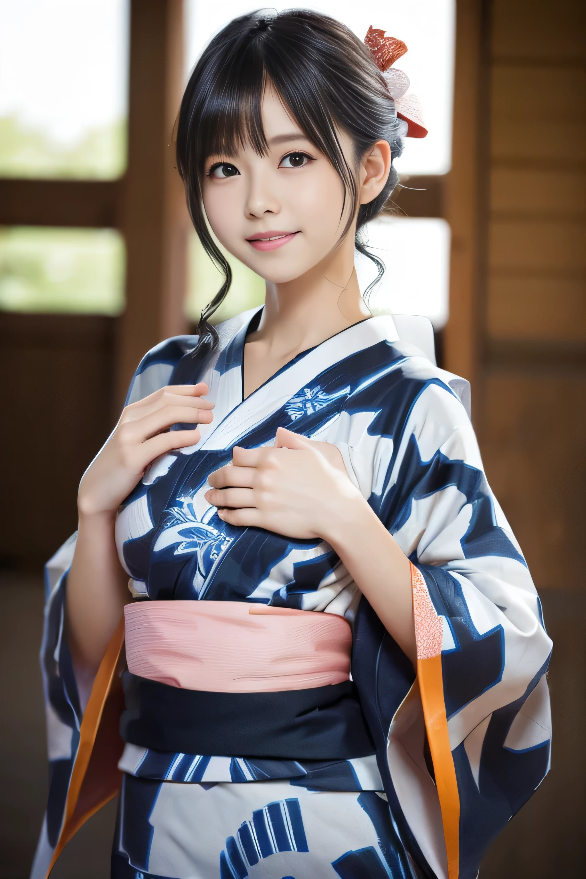 ((A thin yukata:1.4))、((14 years old))、Random Pause、(Highest quality,masterpiece:1.3,Ultra-high resolution,),(Very detailedな,Caustics),(Photorealistic:1.4,RAW shooting,)Ultra-Realistic Capture,Very detailed,High resolution 16K human skin closeup、 Natural skin texture、、Skin tone is even and healthy looking、 Use natural light and colour,1 girl,Japanese,cute,Black-haired,Medium Hair,(Big Breasts:1.4),smile,,(Written boundary depth、chromatic aberration、、Wide range of lighting、Natural Shading、)、(Kimono with open front), Holding a Japanese fan, (hard nipples erect:1.2), (nipples pointing up:1.2),