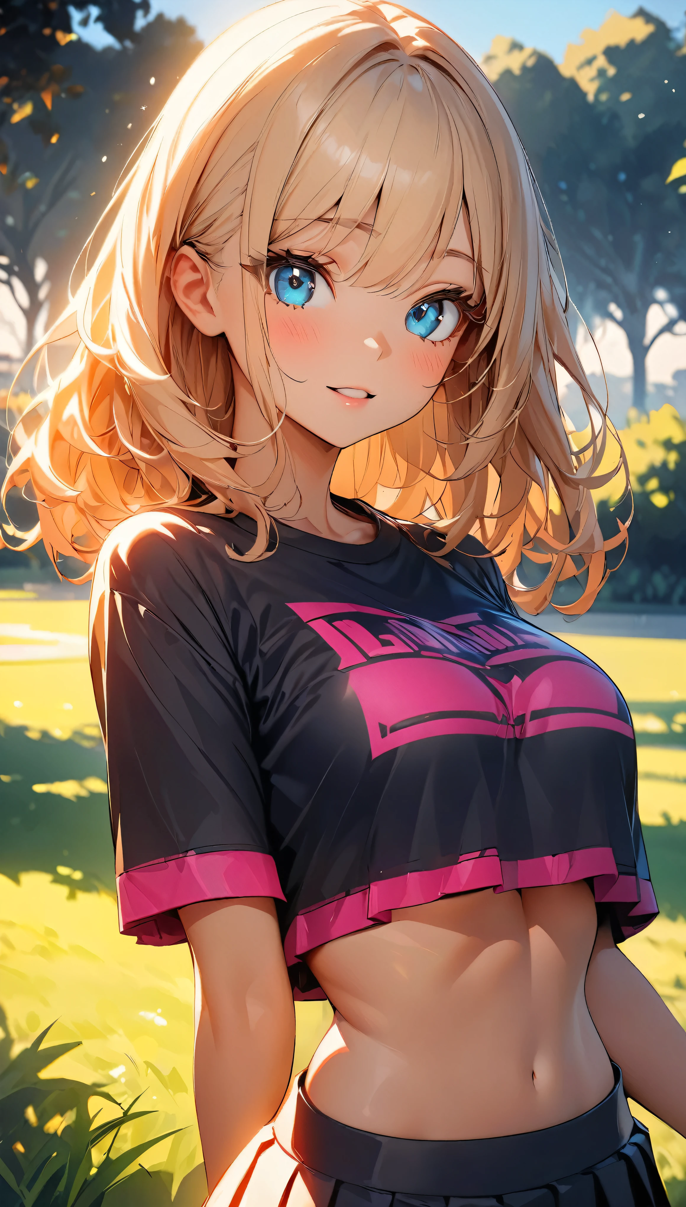 (Highest quality:1.2, Very detailed, up to date, Vibrant, 超High resolution, High Contrast, masterpiece:1.2, Highest quality, Best aesthetics), (((1 girl))), Carefully drawn lawn, Park Background, (Cropped tops:1.2, The underboob is visible), Professionalism, Bright colors, Soft lighting, Expressive eyes, Detailed lips, Long eyelashes, Pleasant atmosphere, incite inferiority, Obscene eyes, smile, Open your mouth, blush, ((Color T-shirt, Pleated skirt, loose socks, lying on the grass:1.2)), Positive Energy, Calm background, A nurturing presence, High resolution, Correct Perspective 1.1, (Soft focus throughout).