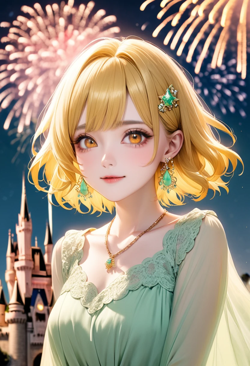1 female　Short yellow hair　Yellow eyebrows　Orange Eyes: Social Debut　Pastel green long dress　Castle and fireworks　Hair clip　Earrings and matching necklace