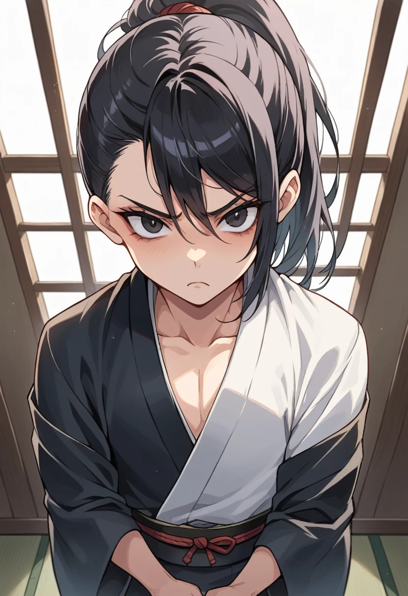 ((faded colors)) ((sketchy)) ((painterly)) A very effeminate femboy samurai, wearing a long kimono, with two katanas strapped to his belt. Has long, silky, sleek black hair that reaches down to his belt, its tied in a neat ponytail. Inside a modern bathroom. His body looks soft like a girl's. His face looks delicate and girlish, with deep dark eyes. He shows an irritated scowl, looking from above at the camera.